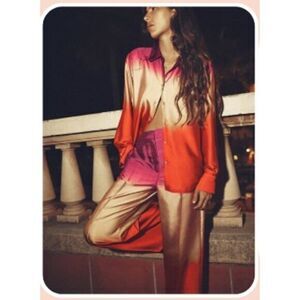 Micas Ombre Silk Button-Down Shirt Red Purple Tan‎ Gradient Blouse XS